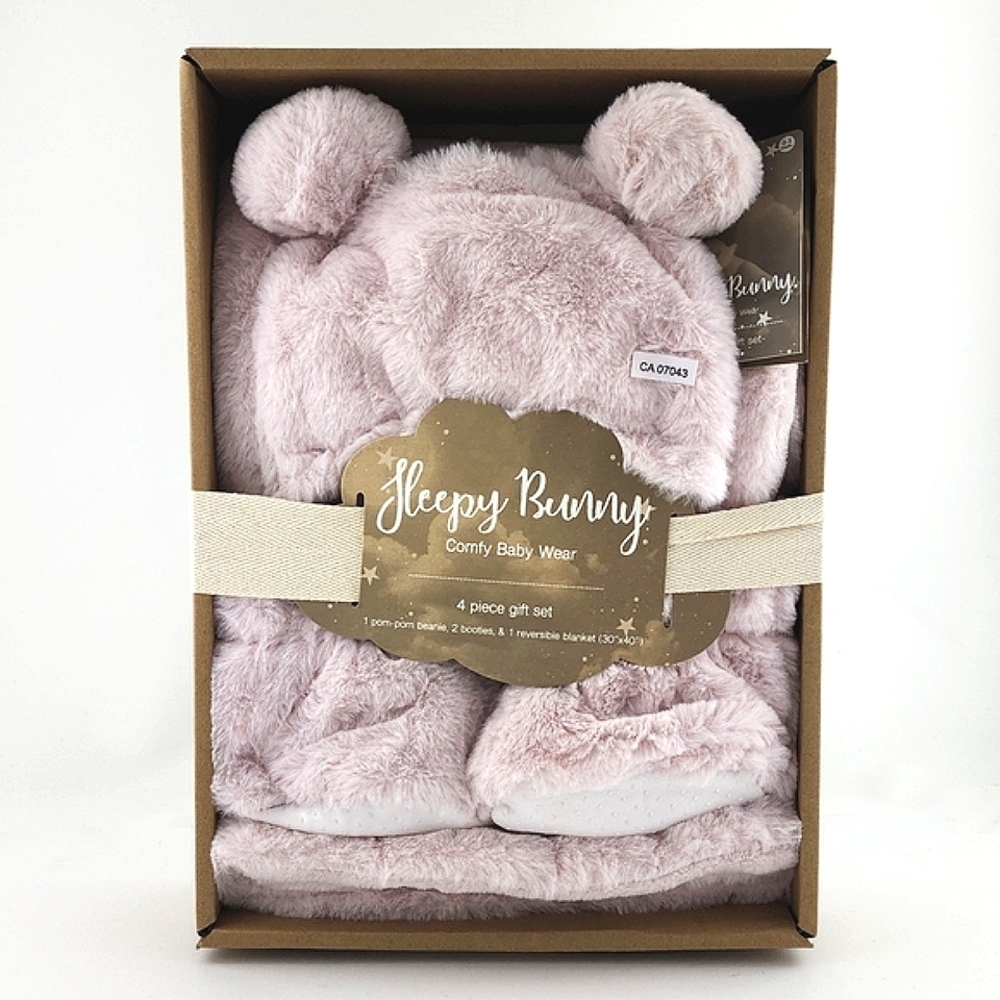 Sleepy Bunny Comfy Pink Baby Wear Super Plush 4pc Gift Set Beanie Boots Blanket